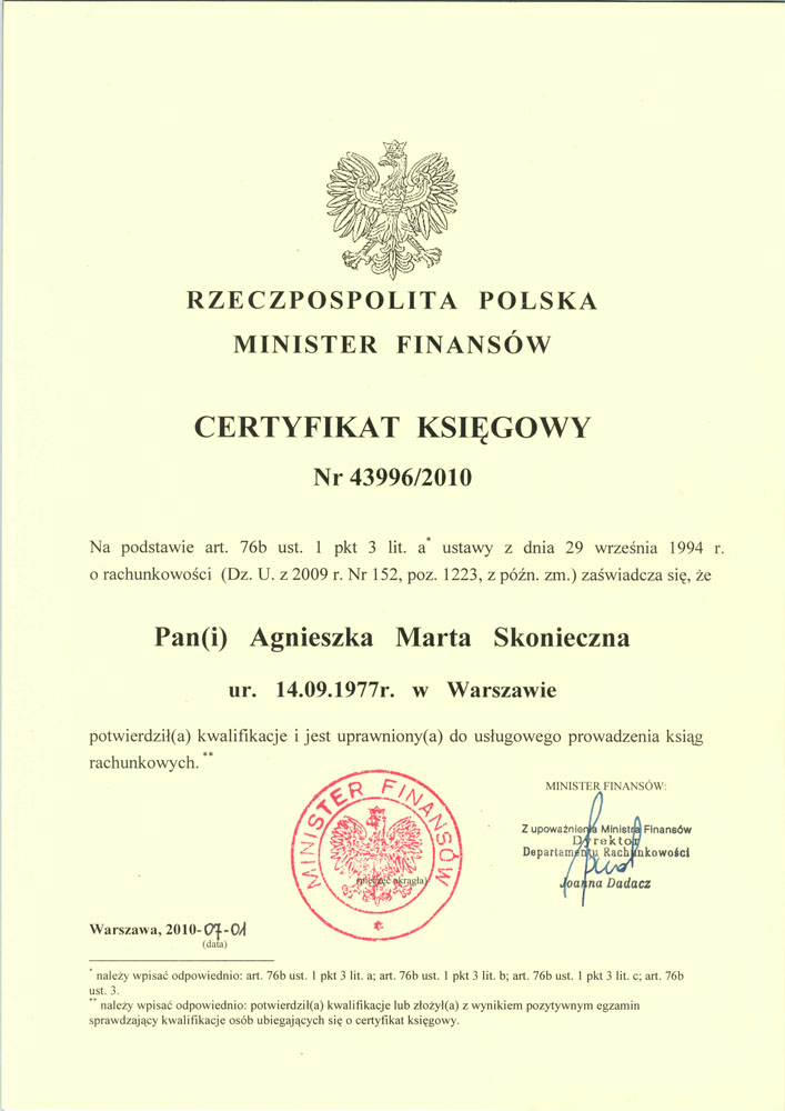 dyplom księgowej Agnieszki Skoniecznej